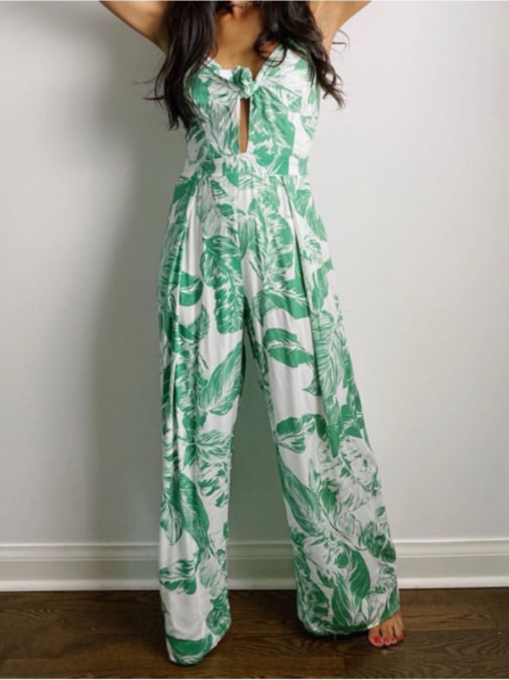 Ina Green and White Leaf-Print Wide-Leg Jumpsuit